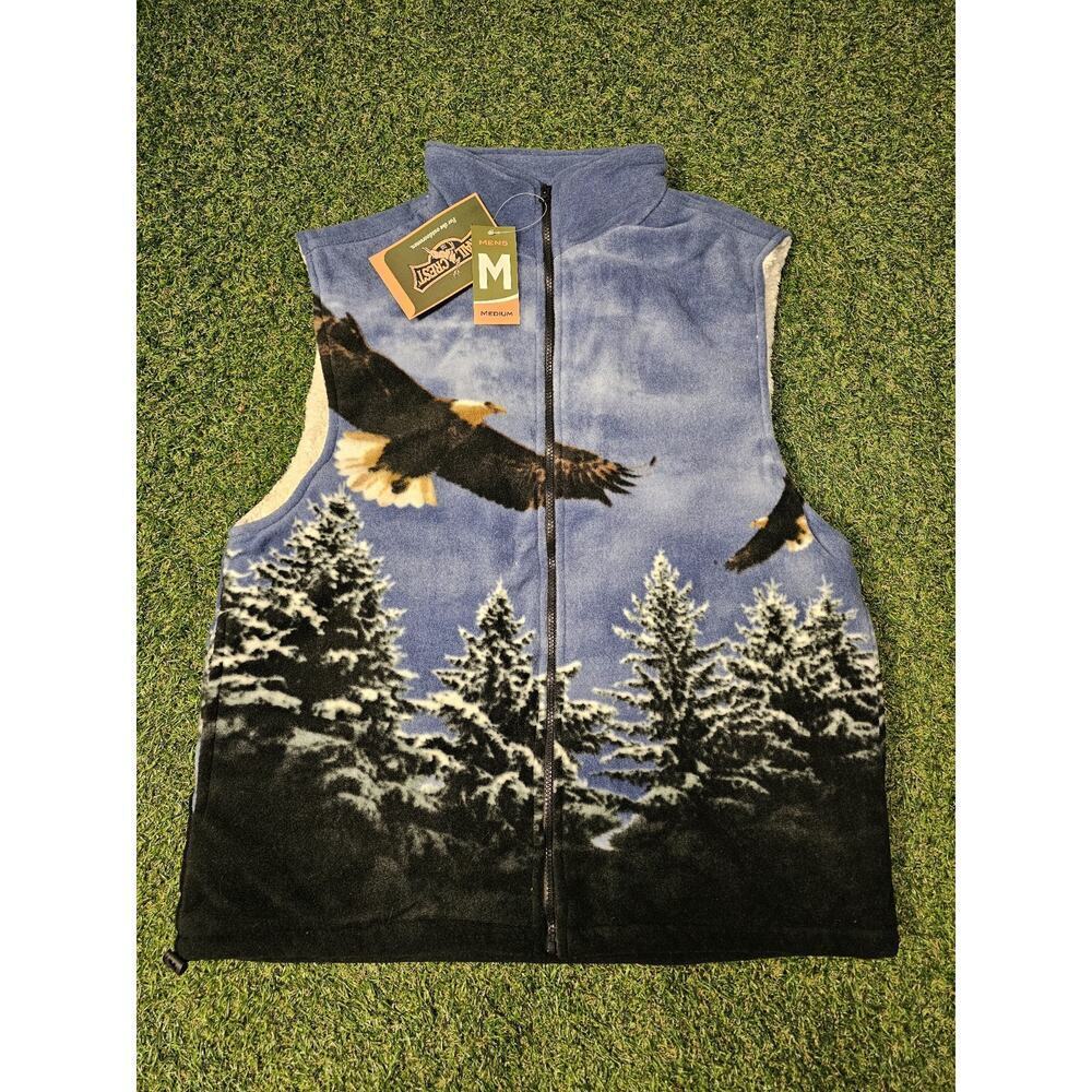 Trail Crest Vest Mens Medium Blue Bald Eagle Trees Fleece Sherpa Lined Nature